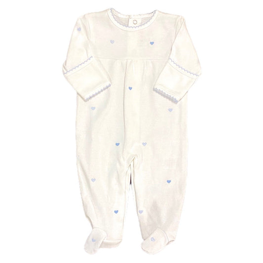 New 0-3 months Nora Josie heart footie with blue hearts Valentine’s Day romper