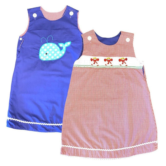 Size 4 smocked cheerleader and whale reversible dress