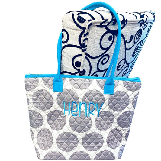 Gray Dots Quilted Tote with blue trim (blank)