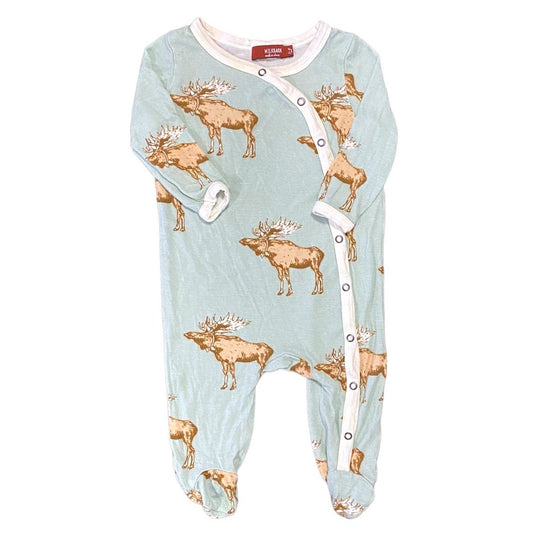 3-6 months Milkbarn blue moose snap footed romper