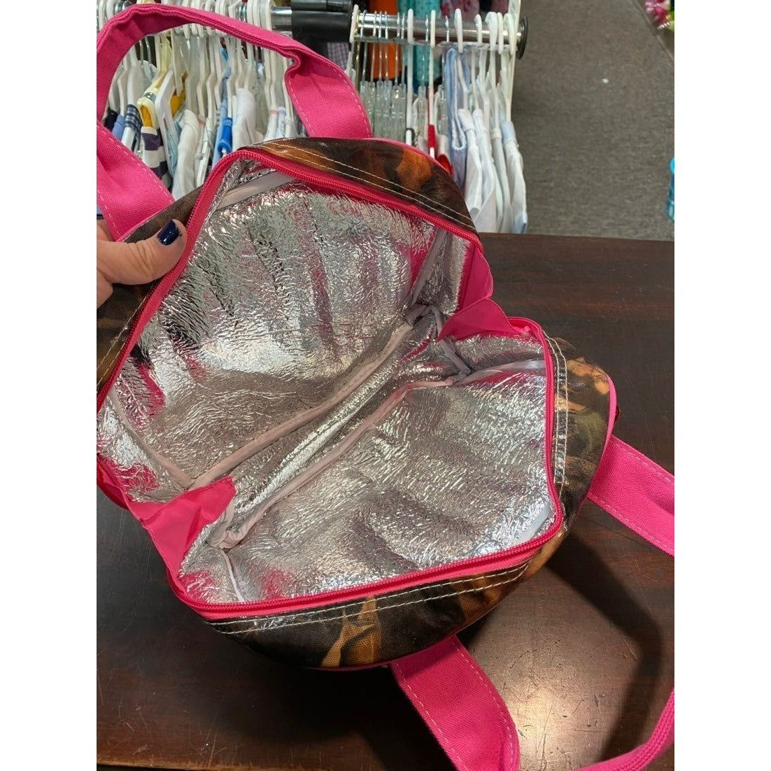 New pink camo woods lunch tote