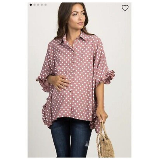 Pink Blush Mauve Maternity Medium Dolman Ruffle Top